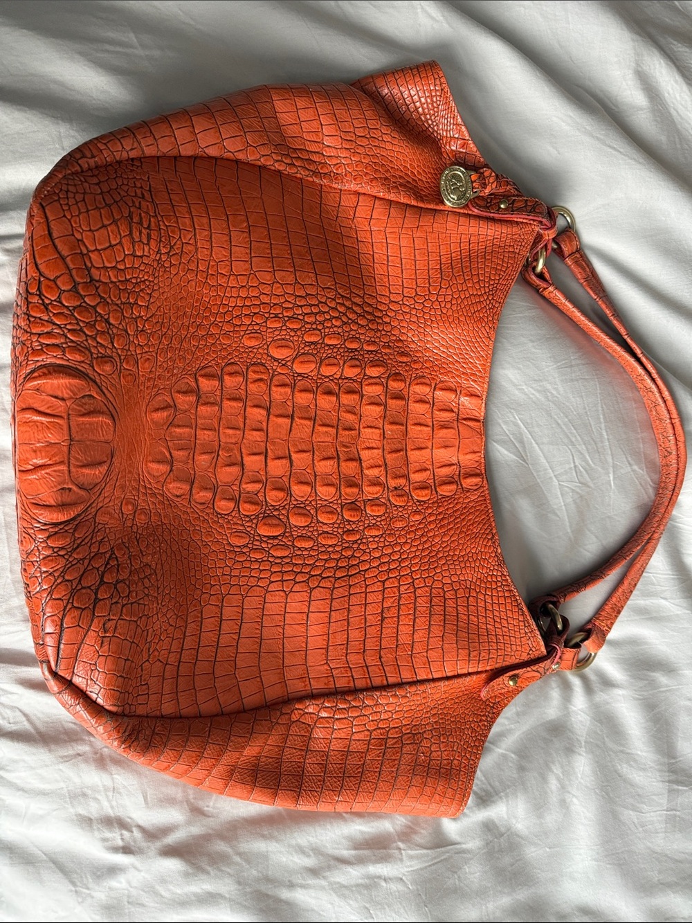 Brahmin Croc-Embossed Leather Hobo in Bright Orange